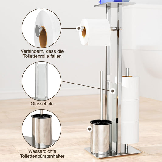 Stainless Steel Freestanding Toilet Paper Holder with Toilet Brush - Toilet Paper Holder with Tray, Toilet Paper Holder with Toilet Brush, Toilet Roll Holder with Glass Shelf (Silver)