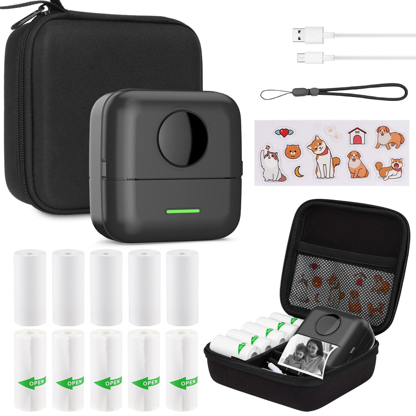 HUIJUTCHEN Mini Printer with Bag, Mini Label Printer Bag Portable Mini Photo Printer 10 Rolls Printer Paper Bluetooth Photo Printer Thermal Printer for Learning Aid Study Notes Journal Memo (Black)