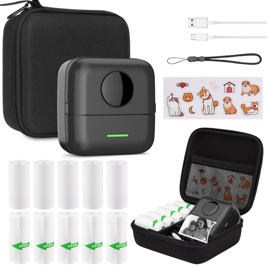 HUIJUTCHEN Mini Printer with Bag, Mini Label Printer Bag Portable Mini Photo Printer 10 Rolls Printer Paper Bluetooth Photo Printer Thermal Printer for Learning Aid Study Notes Journal Memo (Black)