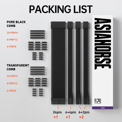 AsiaHorse PSU Cable Extension, PC Sleeved Cable Kit for GPU/CPU, 16AWG Power Supply Cable Extensions with Cable Combs, 24PIN/(6+2)PIN/(4+4)PIN Cable Management, 30CM, Black.