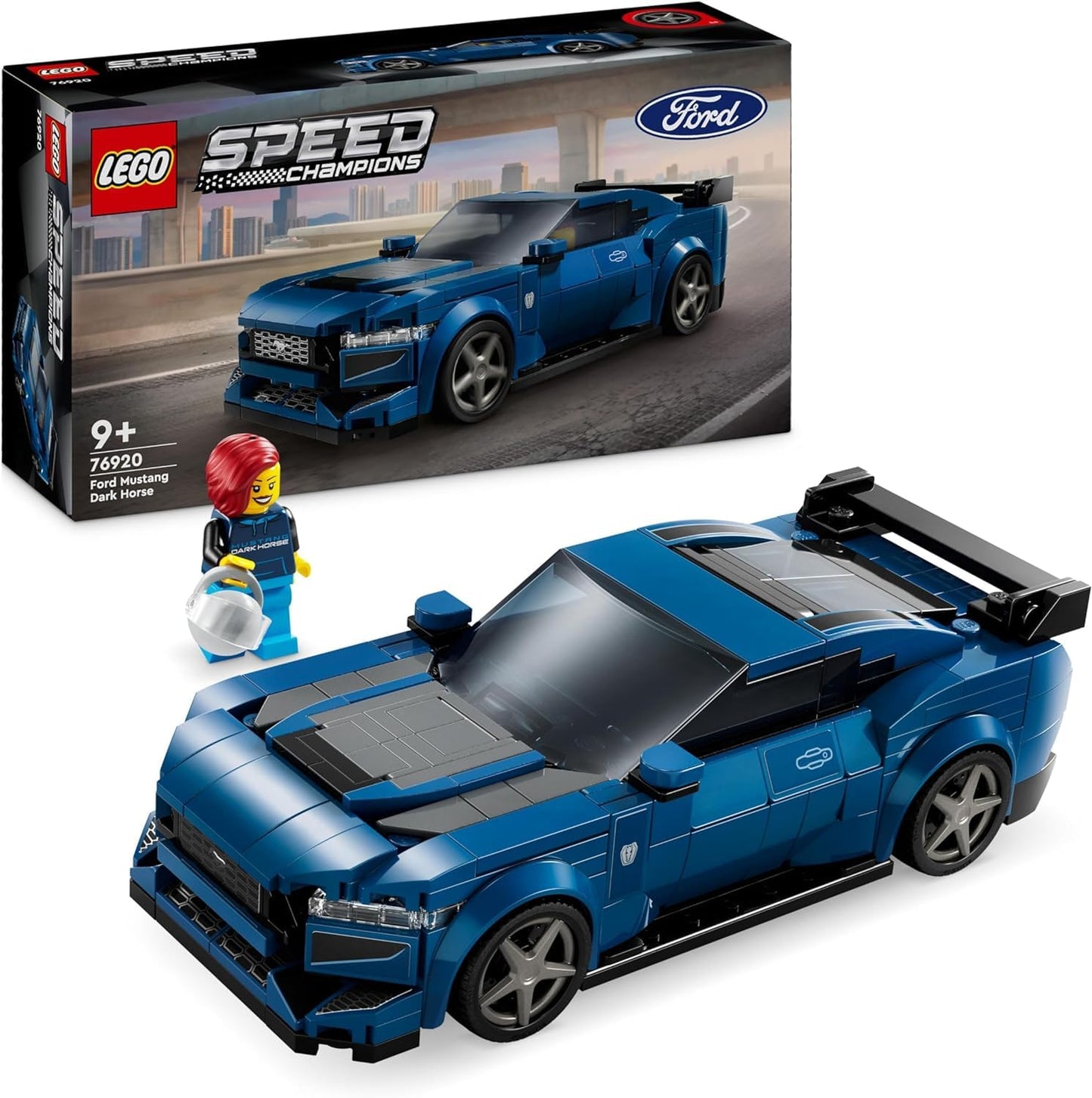 LEGO Speed Champions Audi S1 e-tron Quattro race car set with buildable car & Speed Champions Ford Mustang Dark Horse sports car, buildable car toy with minifigure.