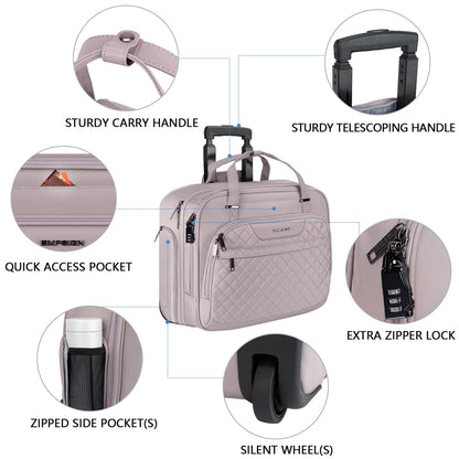 EMPSIGN Trolley Business Rolling Laptop with wheels, Rolling laptop bag for women fits up to 15.6-inch laptop briefcase on wheels, Water-resistant, with RFID pockets, Pink