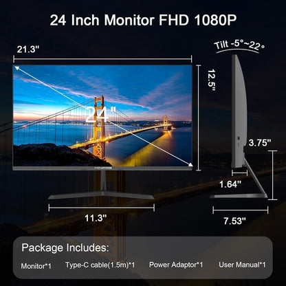 Minifire 24 inch monitor, 100Hz, Full HD (1980x1080p), 5ms (OD), Adaptive-Sync, sRGB110%, Eye-Care, VESA, PC screen with HDMI USB-C ports - MF24X3AL