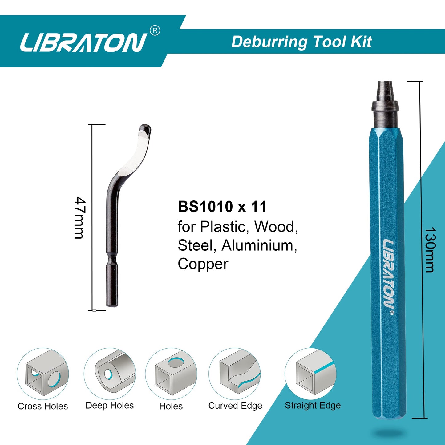 Libraton deburrer with 11 blades (BS1010), hand deburrer, plastic deburrer, universal deburring tool for plastic (including 3D printing), metal, stainless steel, aluminum, steel