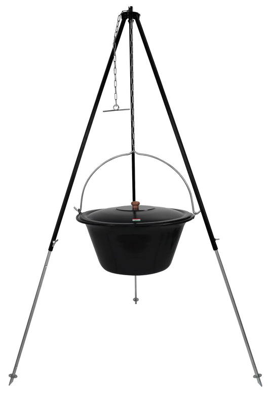 Goulash pot set 30 liters enameled with lid and telescopic tripod 180 cm height adjustable by chain hoist / fire pot - soup pot - mulled wine pot - mulled wine kettle - one-pot kettle