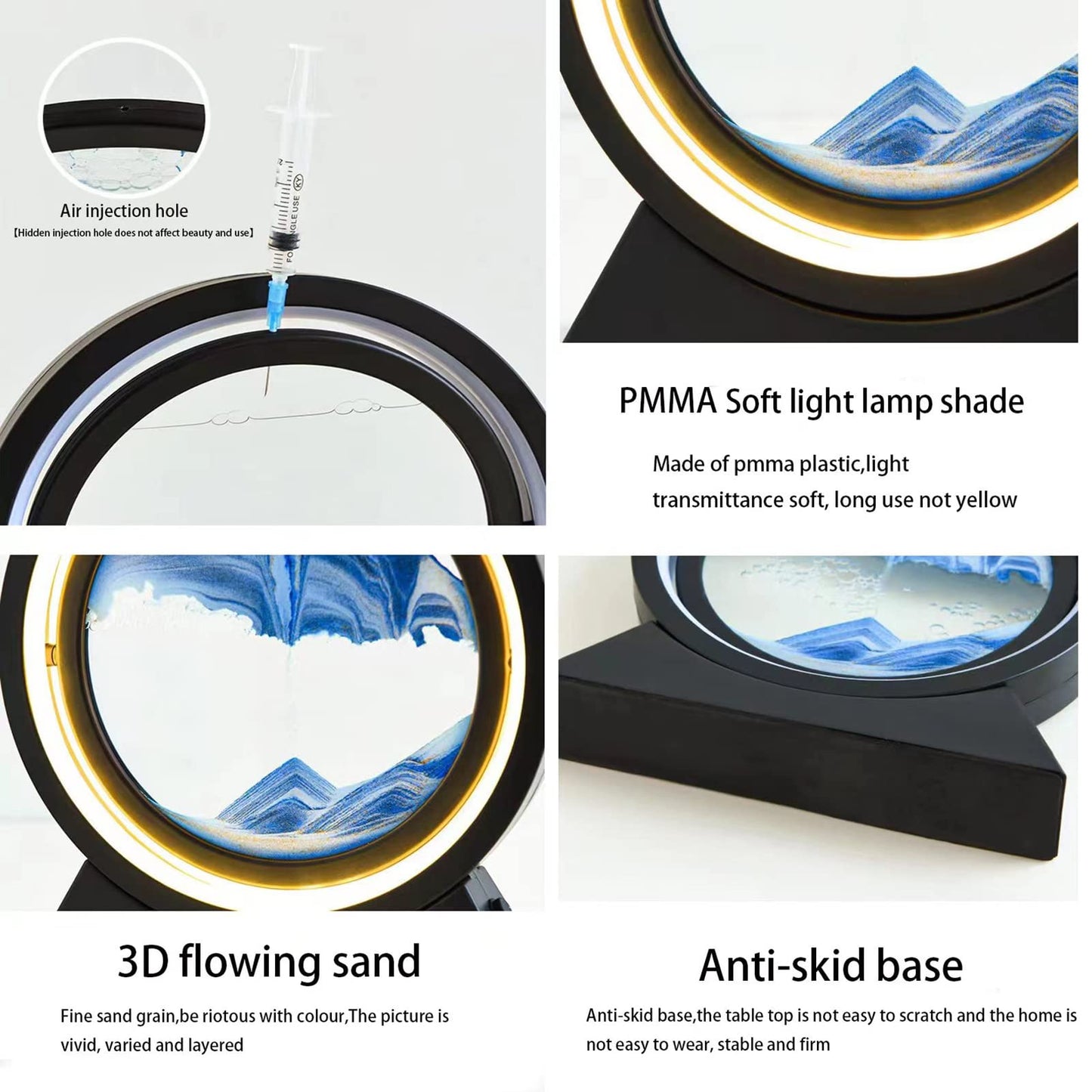Neioaas 3D Moving Sand Art Table Lamp, 360° rotating sandscapes hourglass decor flowing sand lights,3D deep sea sand art hourglass lamp, adult child sand painting decor (Black-Blue)