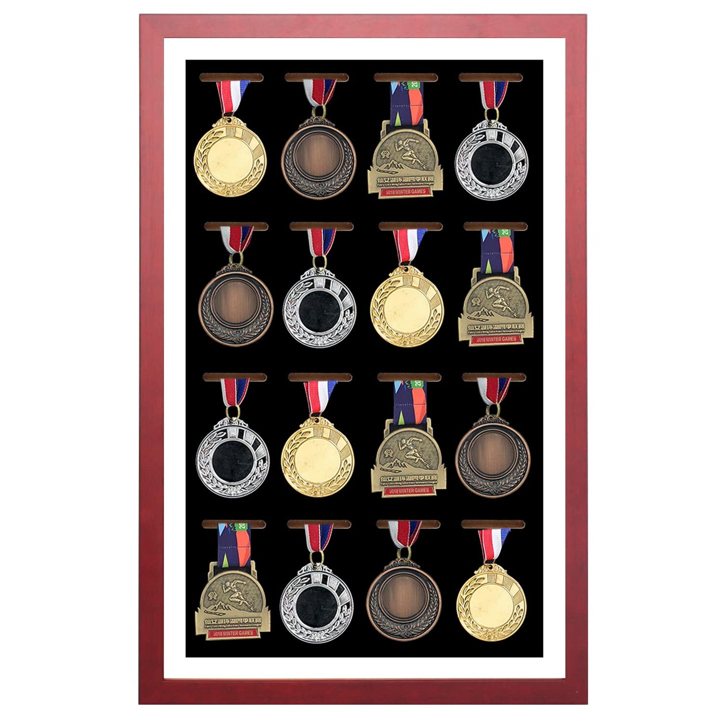 Large Medals Display Shadow Box - Medals Showcase - 16 Medals Showcase - perfect medal display for military, runners, marathoners, race winners, gymnasts, and all sports (red wood)