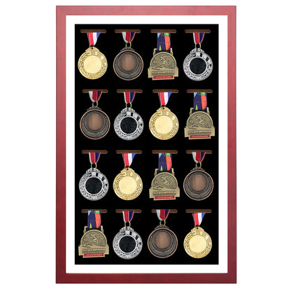 Large Medals Display Shadow Box - Medals Showcase - 16 Medals Showcase - perfect medal display for military, runners, marathoners, race winners, gymnasts, and all sports (red wood)
