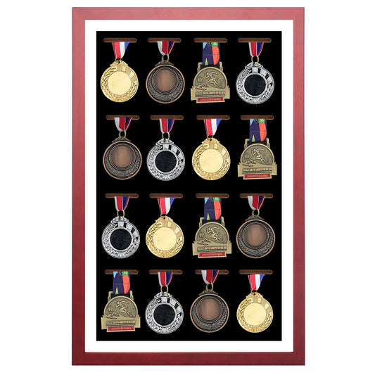 Large Medals Display Shadow Box - Medals Showcase - 16 Medals Showcase - perfect medal display for military, runners, marathoners, race winners, gymnasts, and all sports (red wood)