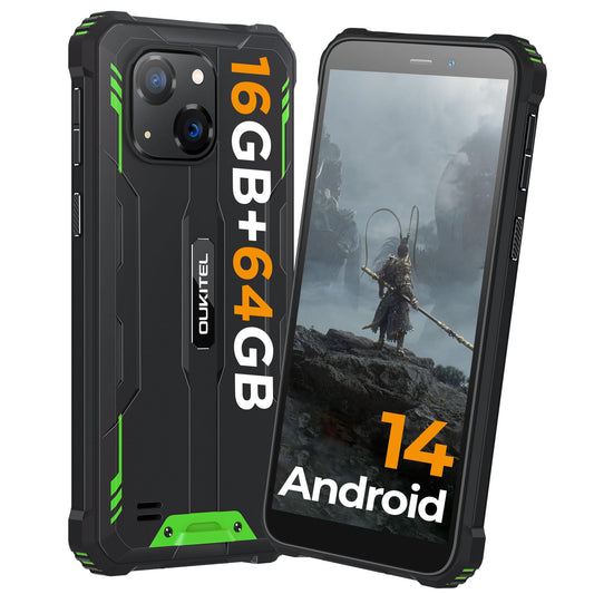 OUKITEL G2 Android 14 Outdoor Phone Unlocked, 6" HD+ Octa-Core affordable Smartphone, 16GB+64GB Smartphone 4G, 6300mAh Battery, IP68 Waterproof, 5+13MP Camera, Dual SIM, OTG-Green