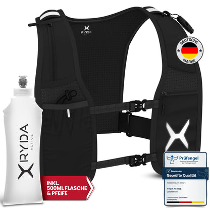 RYDA ACTIVE® running vest for women & men | Ultralight, reflective & universally adjustable | with water bottle & safety label | perfect for jogging, running, trail, marathon & hiking