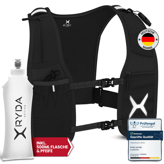 RYDA ACTIVE® running vest for women & men | Ultralight, reflective & universally adjustable | with water bottle & safety label | perfect for jogging, running, trail, marathon & hiking