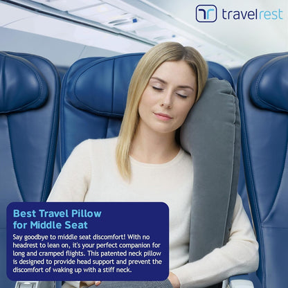 Travelrest Ultimate Travel Pillow for Neck and Body, inflatable, space-saving, for sleeping on long flights, napping on road trips, for traveling in car and bus, Gray.