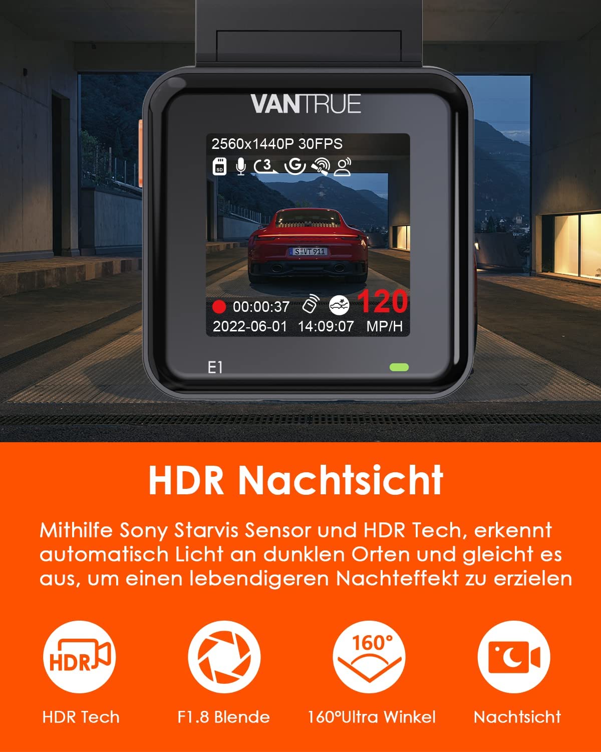VANTRUE E1 2.7K Dashcam Mini Car WiFi GPS, 2.5K 1440P/60FPS Dash Cam Remote Voice Control, 24Hr Parking Mode, HDR Super Night Vision, 1.54 Inch 160° Hidden Car Camera, max. 512GB