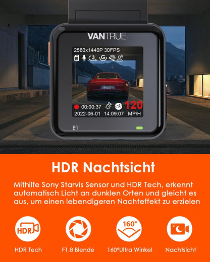 VANTRUE E1 2.7K Dashcam Mini Car WiFi GPS, 2.5K 1440P/60FPS Dash Cam Remote Voice Control, 24Hr Parking Mode, HDR Super Night Vision, 1.54 Inch 160° Hidden Car Camera, max. 512GB