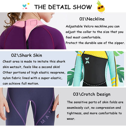NATYFLY Kids Neoprene Wetsuit 2.5mm Neoprene Thermal Swimsuit Boys Girls Long/Short Sleeve Diving Suit Back Zip One Piece Swimwear