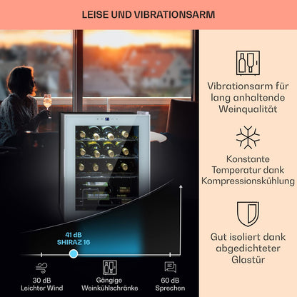 Klarstein Shiraz wine cooler freestanding, small beverage cooler for wine, prosecco & beer, 1-zone wine cooler with glass door & touch control panel, compact fridge, 5-18°C, 16 bottles
