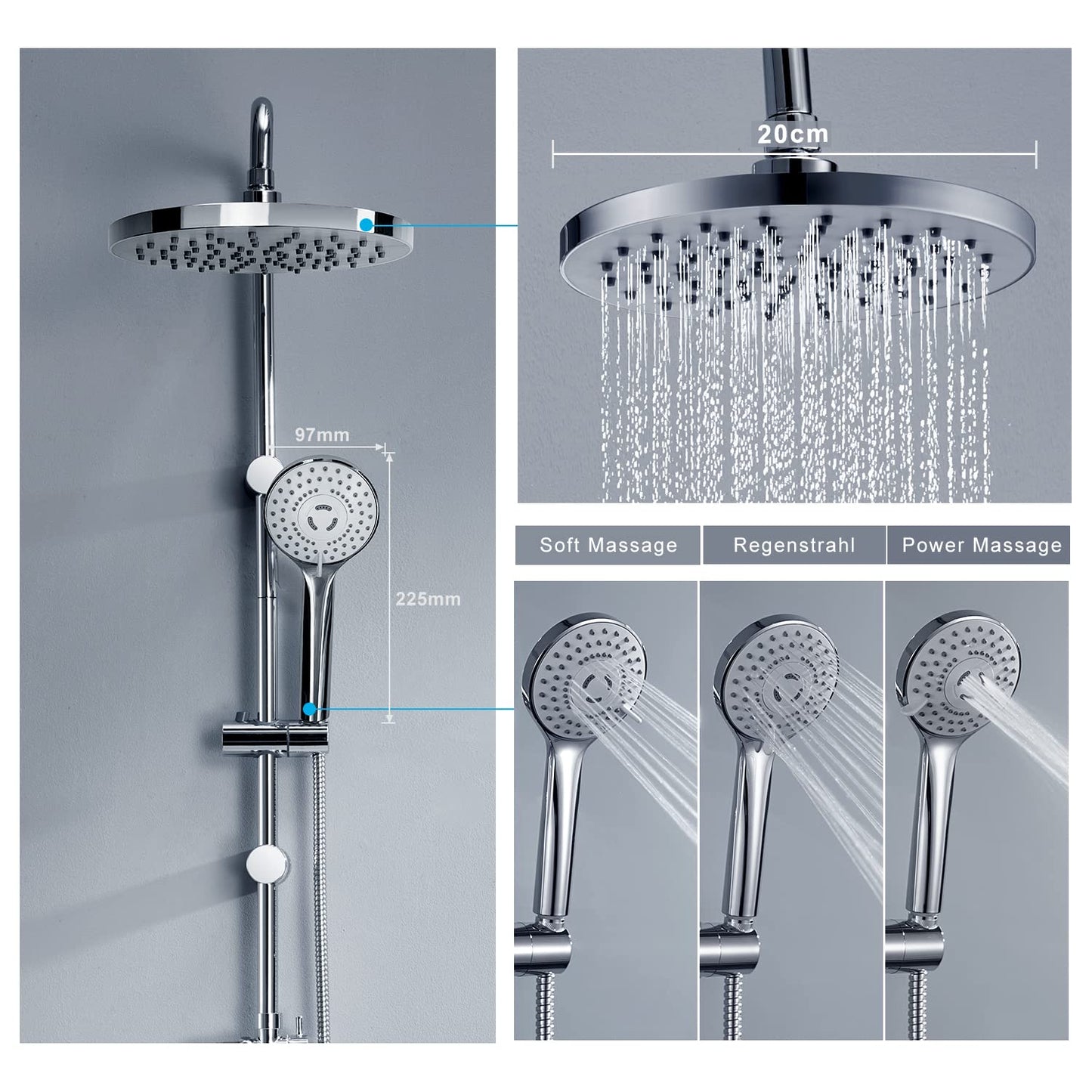 JOHO Rain Shower System without Shower Faucet, Stainless Steel Shower Set with ABS Rain Shower Head Chrome Round (N-YTD20)