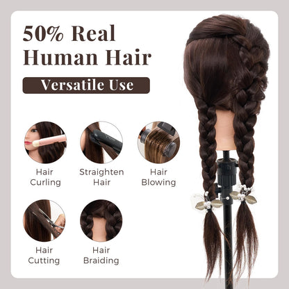 Neverland Practice Head Mannequin Head 22 inches 50% Real Hair Cosmetology Mannequin Head Practice for Hairdressers Cutting & Styling with Clamp + DIY Braid Set