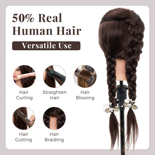 Neverland Practice Head Mannequin Head 22 inches 50% Real Hair Cosmetology Mannequin Head Practice for Hairdressers Cutting & Styling with Clamp + DIY Braid Set