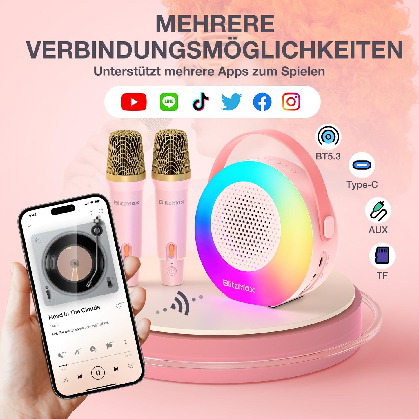 BlitzMax Karaoke Machine for Kids Portable Bluetooth Mini Karaoke Speaker with 2 Microphones, Lights, and Sound for Girls Boys Adults Home Party Birthday Gifts (Pink)