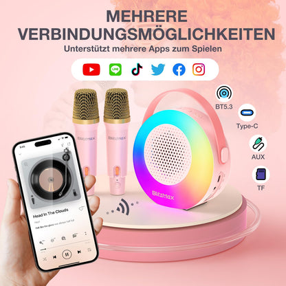 BlitzMax Karaoke Machine for Kids Portable Bluetooth Mini Karaoke Speaker with 2 Microphones, Lights, and Sound for Girls Boys Adults Home Party Birthday Gifts (Pink)