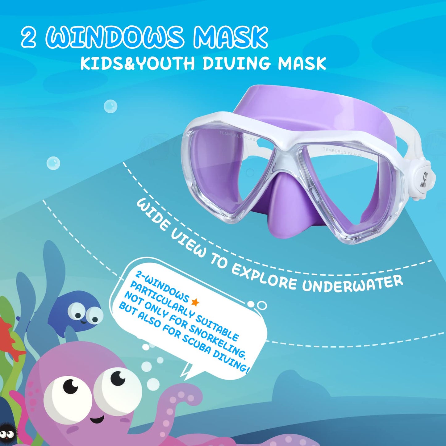 Children Diving Mask, 180° Anti-Fog Kids Swim Mask Tempered Glass Swimming Goggles with Nose Guard Anti-Leak Diving Mask for 4-15 Boys Girls Youth (Purple)