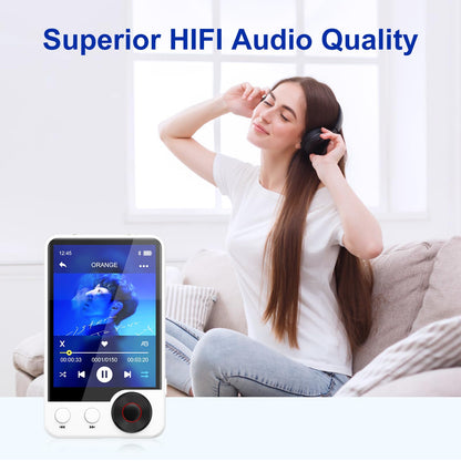 128GB MP3 player with Bluetooth 5.3, 2.4" touchscreen, HiFi digital audio music player with dual headphone jacks, built-in HD speaker, voice recorder, FM radio, supports up to 128GB.