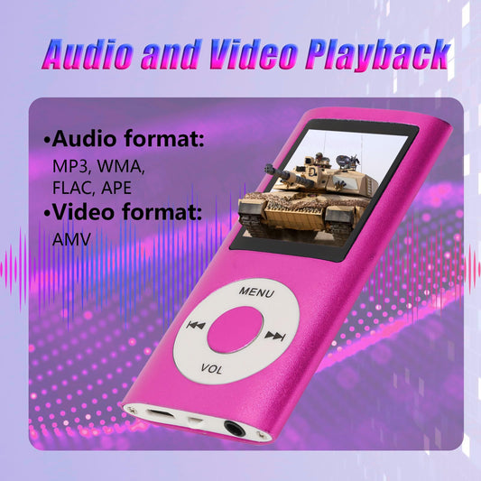 Bluetooth MP3 player with integrated HD speaker, 1.8-inch LCD screen, HiFi sound, headphones included, supports up to 64GB.