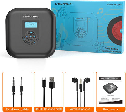 Portable CD Player, MONODEAL Bluetooth Portable, Rechargeable with Speaker and FM Transmitter, Discman CD Player for Car, Anti-Skip small with Headphones