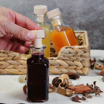 gouveo 24-pack glass bottles 100 ml apothecary design square with cork (HGK) - small 0.1 l glass bottle for liqueur, oil, vinegar, decoration (AFET100HGK)