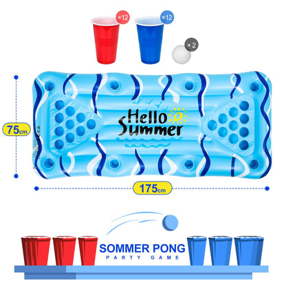 Popolic Pool Pong Game Inflatable Pong Table Air Mattress 175 x 75 cm Pool Mat Including 24 Plastic Cups and 2 Ping-Pong Balls Cool Summer Party Game