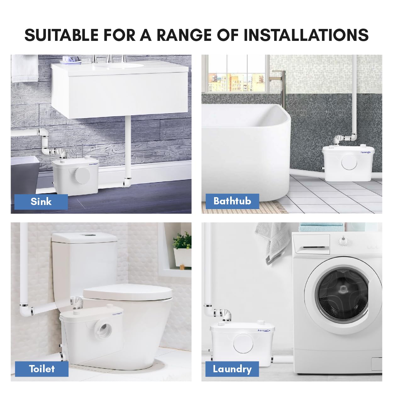 Aquamatix lifting station 400W Sanitary waste pump 100L/min 6.5m vertical discharge distance with 3 inlets for toilet, sink, and bathtub with charcoal filter.