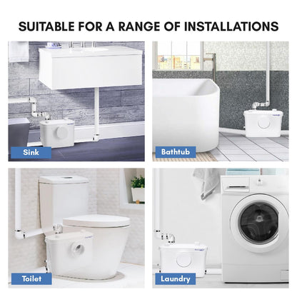 Aquamatix lifting station 400W Sanitary waste pump 100L/min 6.5m vertical discharge distance with 3 inlets for toilet, sink, and bathtub with charcoal filter.