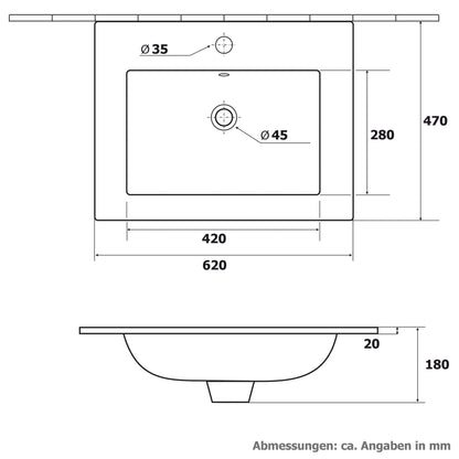VILSTEIN® Ceramic Washbasin Square [60CM] - Countertop & Inset Washbasin for Bathroom & Guest WC - Inset Washbasin for Bathrooms - Washbasin Insert - Hand Washbasin for Vanity - Bathroom Sink