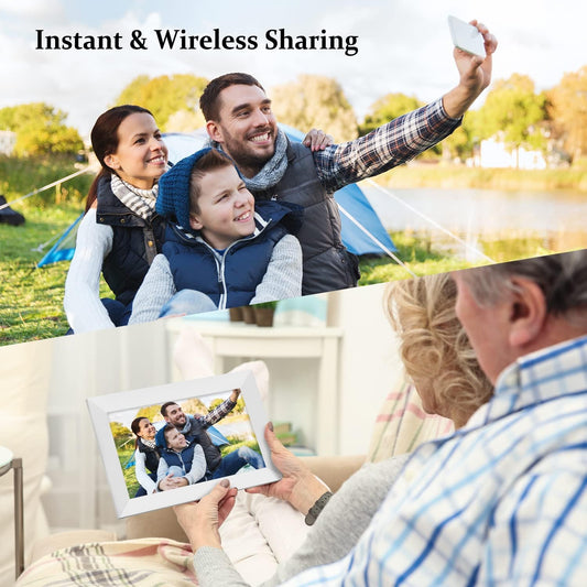 AEEZO 32GB 10.1 inch WiFi Digital Picture Frame, 1280x800 HD IPS Touchscreen, Supports SD card, Automatic rotation, Easy setup for sharing photos and videos.