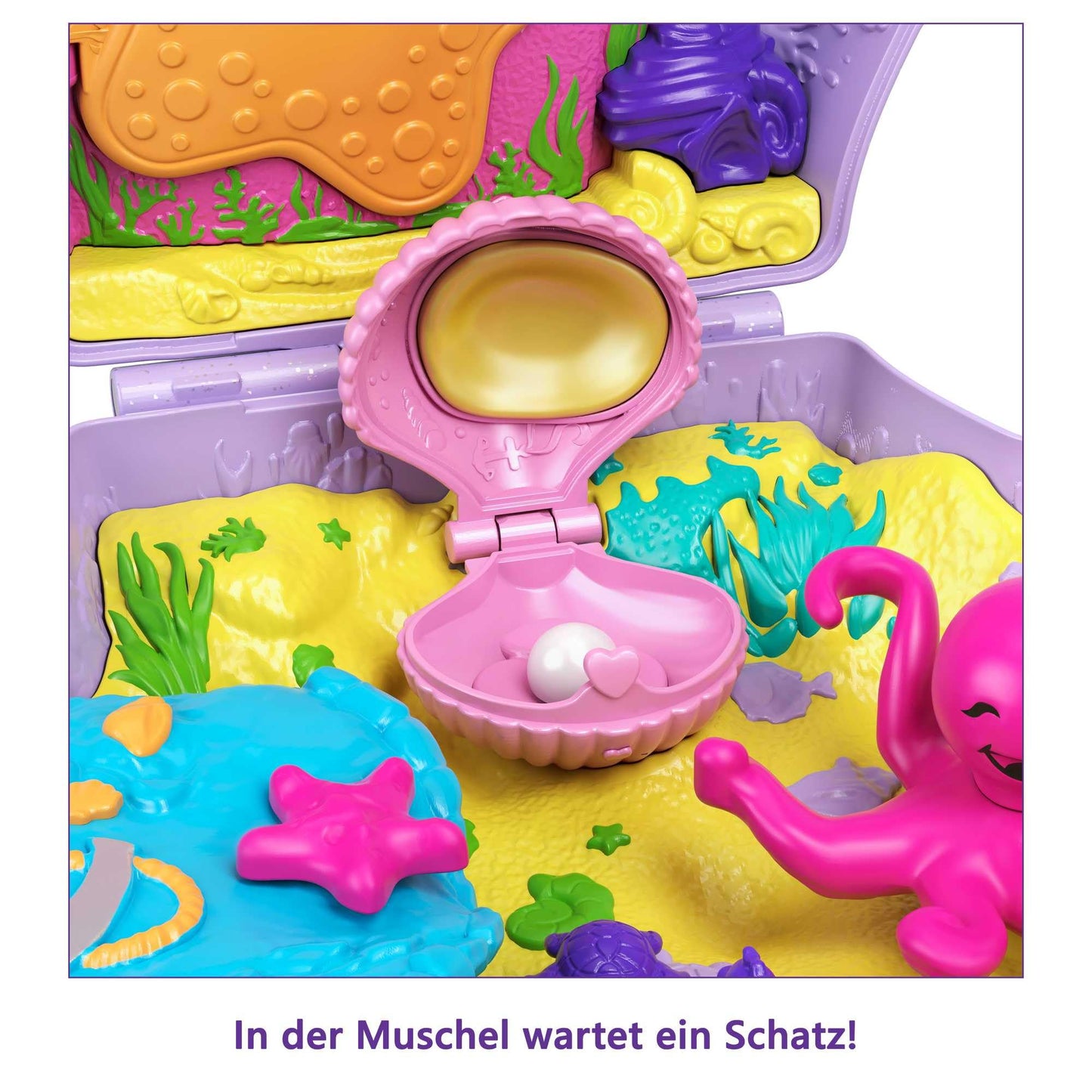 Polly Pocket Treasure Chest, shell crossbody bag in underwater theme, comes with 2 dolls and 1 submarine, Polly Pocket Mermaid toy, for kids ages 4+, GNH11