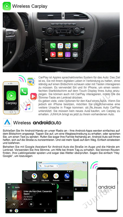 JUNHUA 9" Android 12 2GB+32GB car radio navigation for SEAT Leon MK2 2005-2012, with 1280*800 resolution. Supports Wireless Carplay, Android Auto, GPS, Bluetooth, DSP, FM Radio, RDS, WiFi. Car multimedia system.