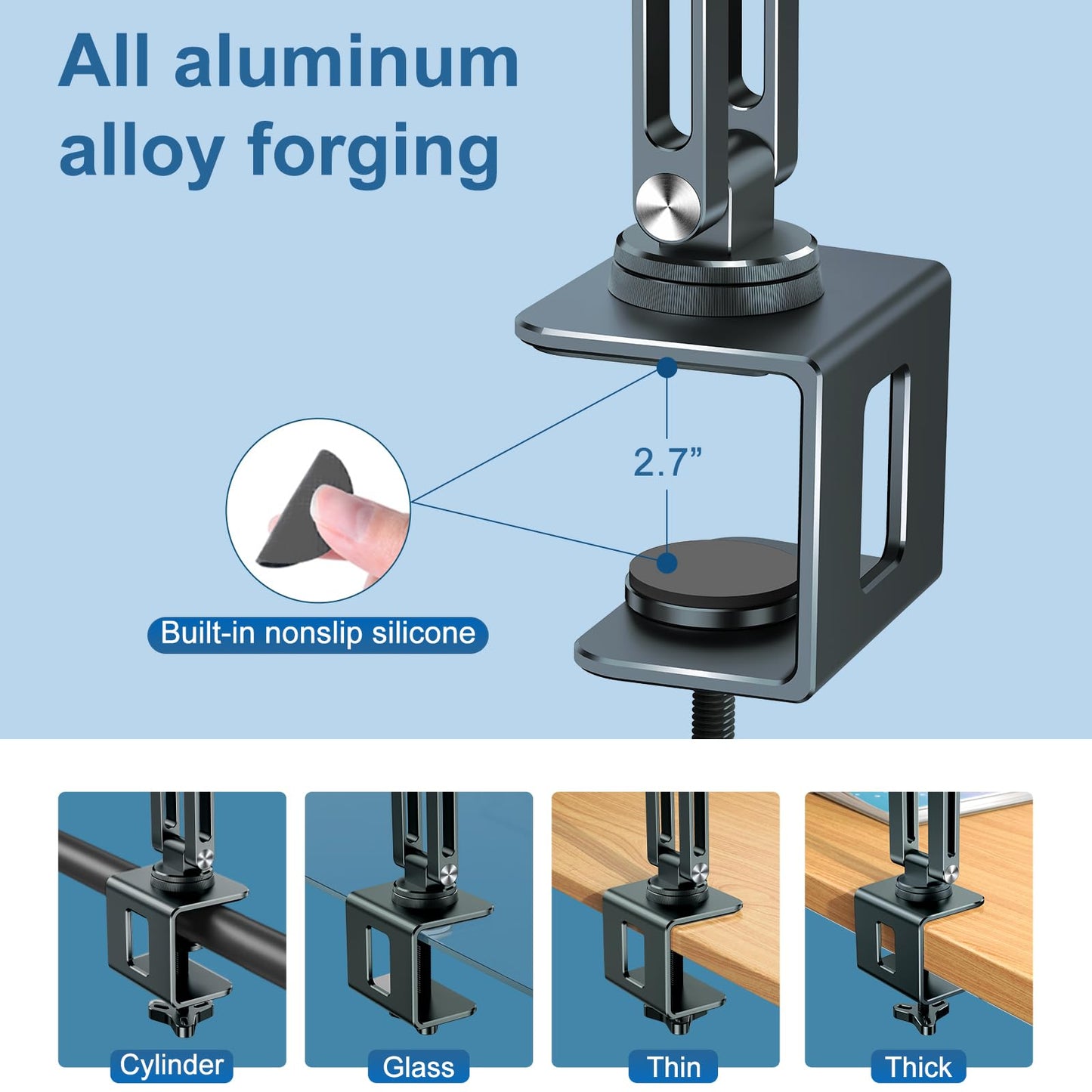 Adjustable laptop stand with 360° swivel arm, made of aluminum. Suitable for tablets and laptops from 10-16 inches. Foldable and perfect for your desk.