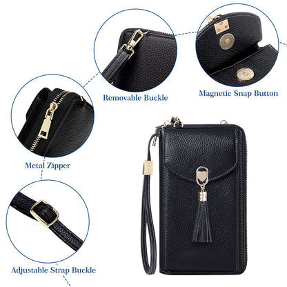 BTNEEU crossbody phone purse for women is made of leather with RFID protection. It features 12 card slots, adjustable shoulder strap, and can hold your phone and wallet securely. Available in black.