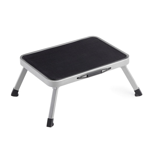 SONGMICS Step Stool, Folding Step Ladder, One-Step Steel Ladder, Non-Slip Step Surface, Holds up to 150 kg, Size unfolded 32 x 44 x 17.5 cm, gray GSL001G01
