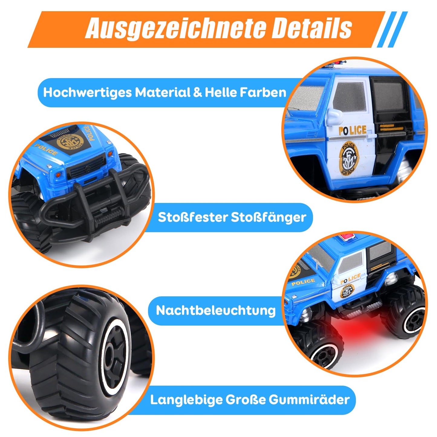 Pup Go Police Car Remote Control with Light for Kids 3 4 5 6 Years, Sturdy Police Car with Remote Control Toy, Mini RC Police Monster Truck Kids 2 Gifts Blue