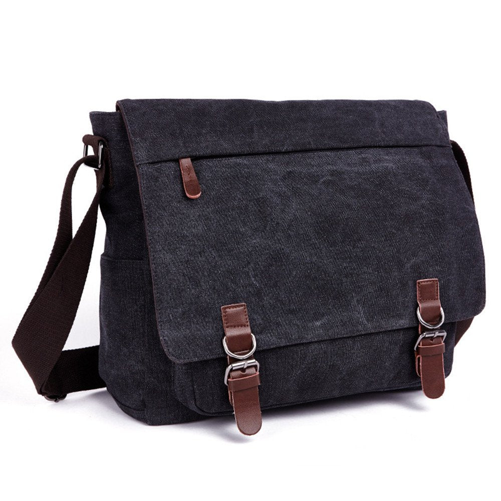 LOSMILE Shoulder bag for men, 16-inch messenger bag made of canvas, suitable for work and school. (Black)