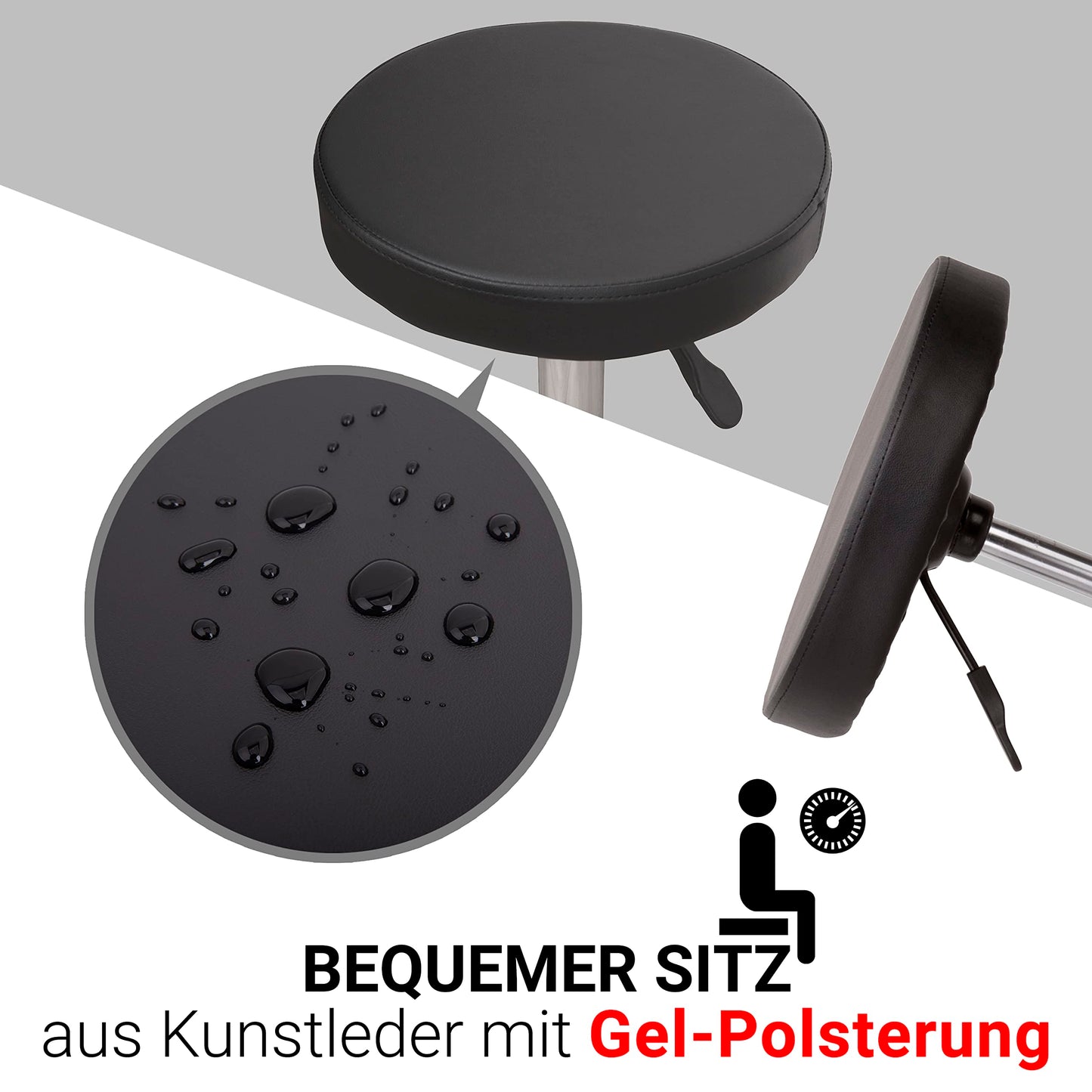 Staboos rolling stool up to 160 kg - gel cushion seat round - practice stool (premium castors) swivel stool height adjustable (55 cm to 75 cm) round stool