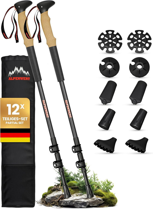 ALPENWERT - Hiking Poles [Carbon & Aluminium] Walking poles for women and men - Telescopic trekking poles with cork grip for hiking, Nordic walking, and ski tours (ultralight carbon)