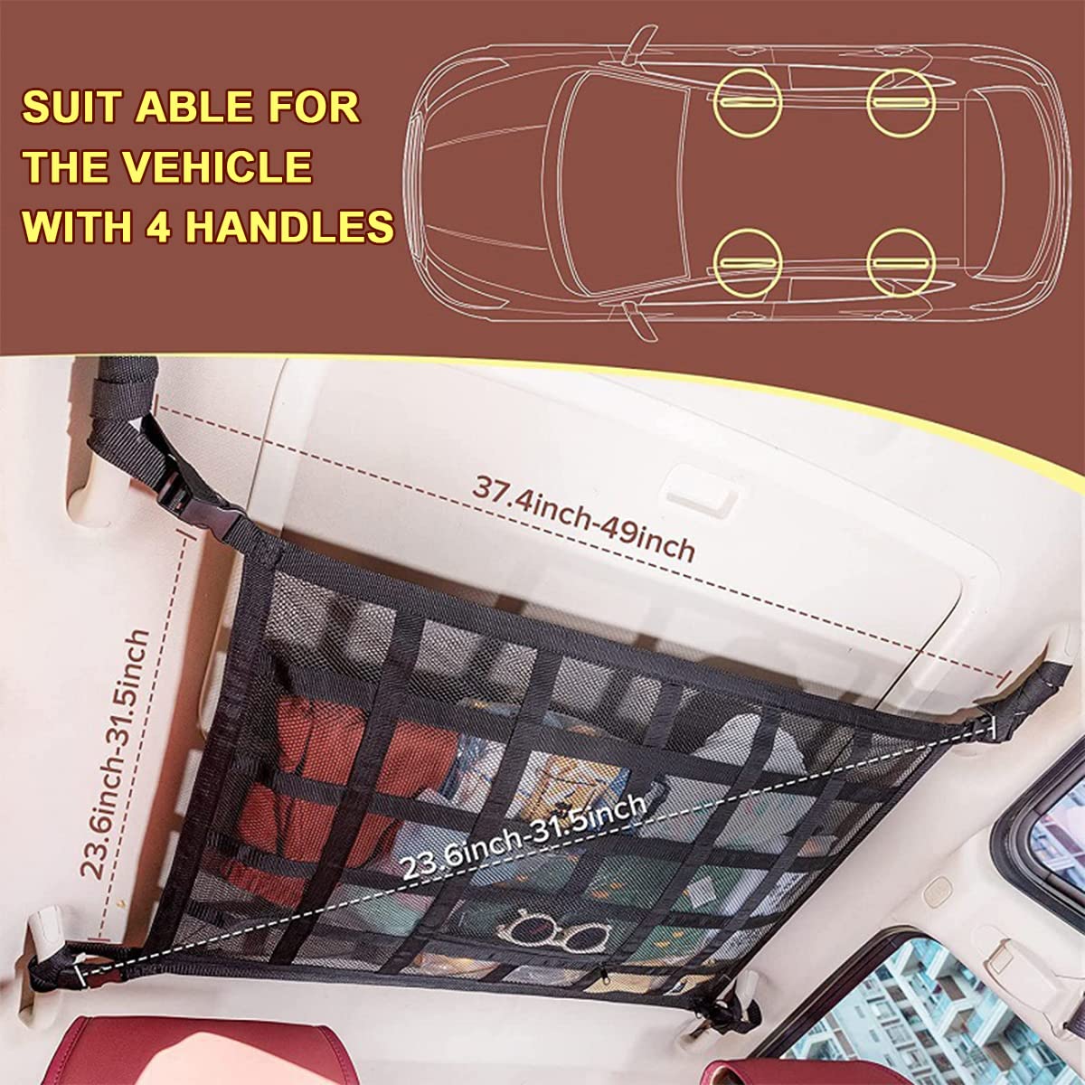 Car luggage net for storage, car cargo net, universal car roof luggage net cover, mesh bag with zipper, 90X65CM.