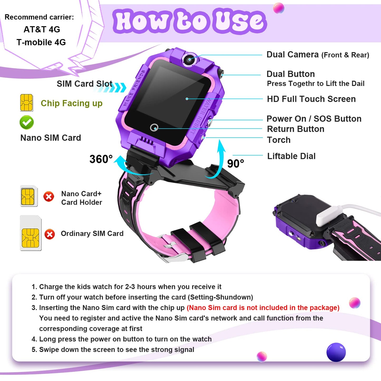 Children's GPS tracker smartwatch for boys and girls, 4G video & phone call with 360° rotation, kids GPS watch for 4-12 years old, Christmas & birthday gifts (T10 Purple)