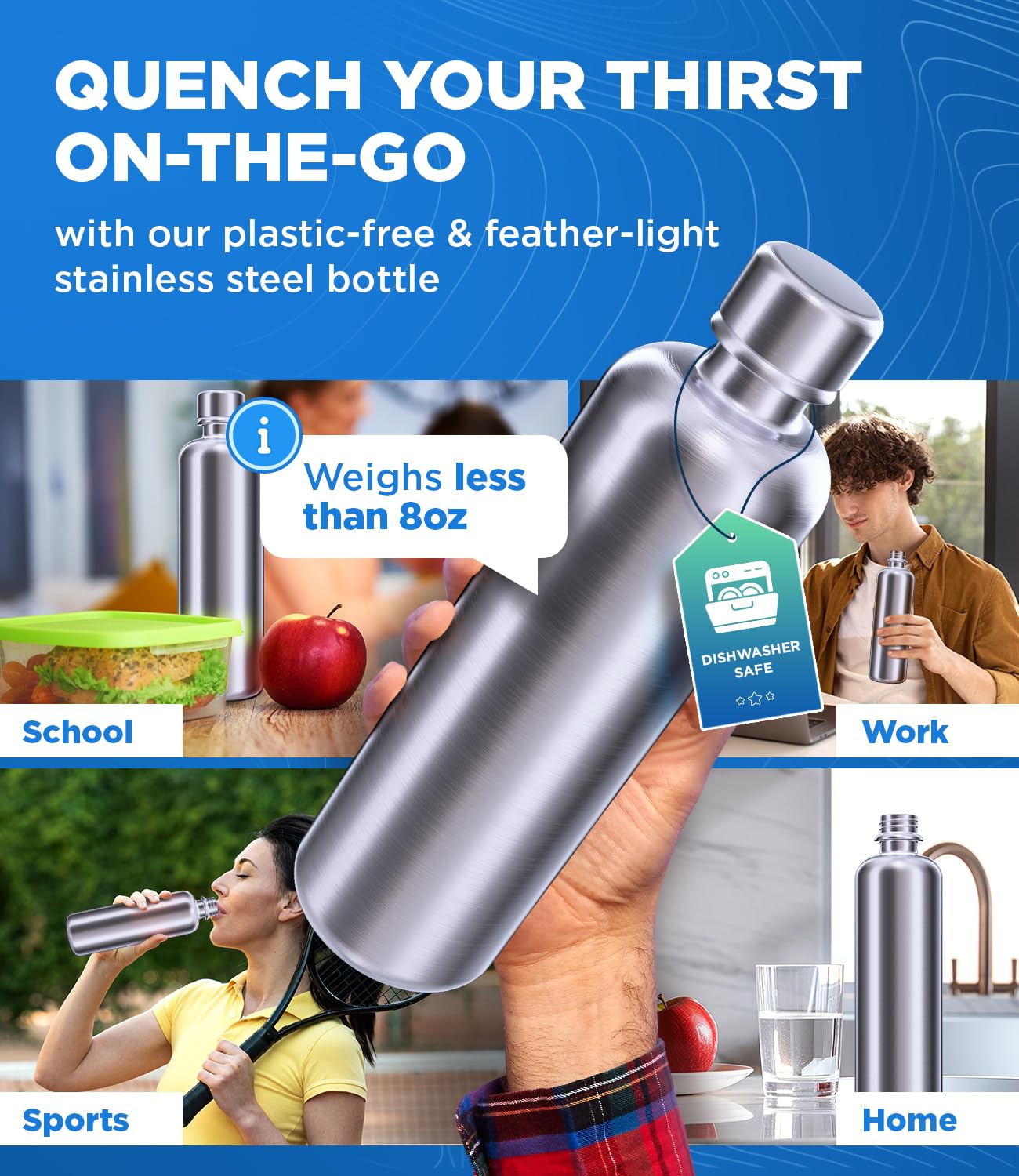 MATE OF STEEL® 100% plastic-free 750ml stainless steel bottle for Sodastream Terra, Fizzi & Art - Dishwasher safe stainless steel drinking bottle for soda streaming - Soda maker metal bottles.