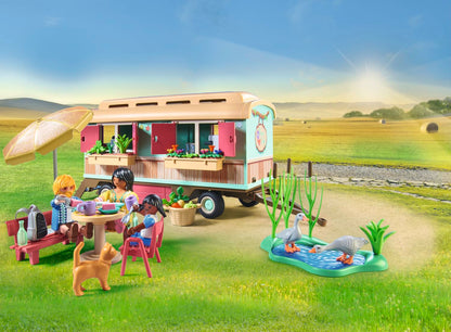 PLAYMOBIL Country 71441 Cozy Trailer Café, playful learning with lovingly designed trailer, detailed amenities, and a pond with geese, sustainable toy for children aged 4 and up.