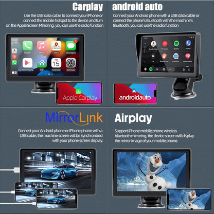Sunweyer Wireless Carplay & Android Auto Screen, portable car radio, 7-inch IPS touchscreen display, supports 1080p backup camera & Bluetooth/AUX/FM transmitter.